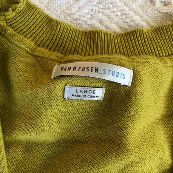 Van Heusen Studio Mustard Yellow Cardigan L 100% Cotton Pockets Minimalist Retro - Picture 6 of 9